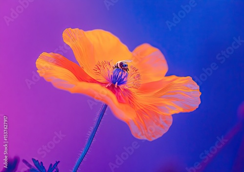 A close-up of an orange flower on the side, a neon light pink and purple background