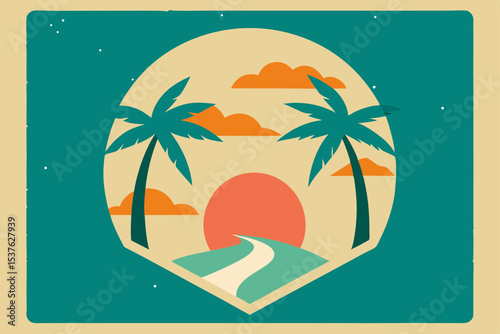 Tropical Sunset Paradise Palm Trees, Ocean Road, Vintage Summer Illustration