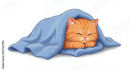 Cute ginger cat sleeping under blanket
