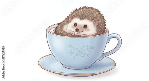 Cute hedgehog in a teacup illustration
