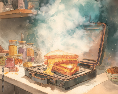 watercolor illustration of grilled cheese sandwich on press