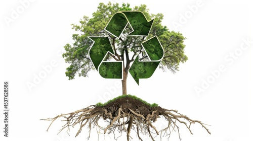 A detailed illustration of a green tree with roots forming a recycling symbol, symbolizing the connection between nature and recycling, against a pure white background