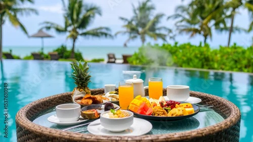 Breakfast Tray Floating on Swimming Pool Tropical Getaway