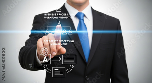 businessman touching virtual screen business process workflow automation processing management	
