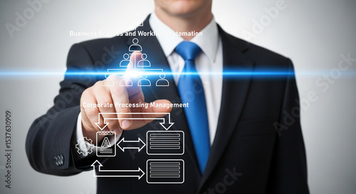 businessman touching virtual screen business process workflow automation processing management	
