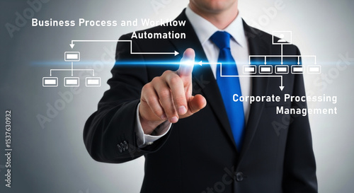 businessman touching virtual screen business process workflow automation processing management	