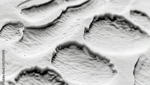 A close-up of snow-covered ground, with intricate patterns and textures visible in the white surface