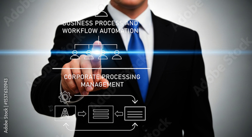 businessman touching virtual screen business process workflow automation processing management	