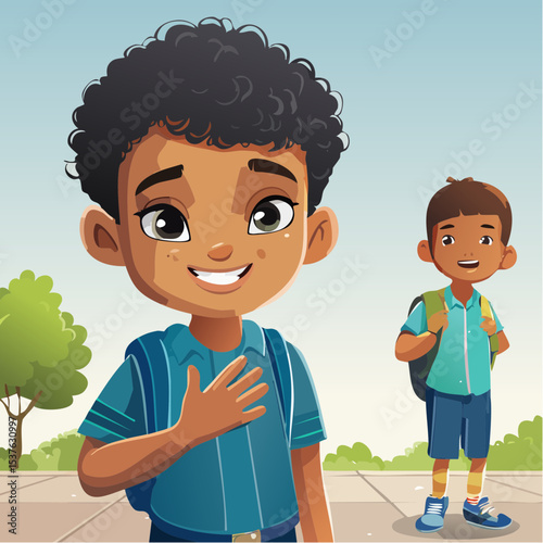 Cartoon schoolboys smiling outdoors in uniform, vector illustration

