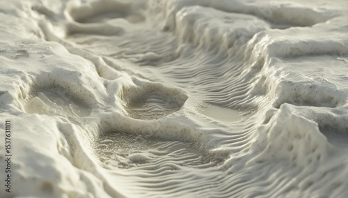 A close-up of snow-covered ground, with intricate patterns and textures visible in the white surface