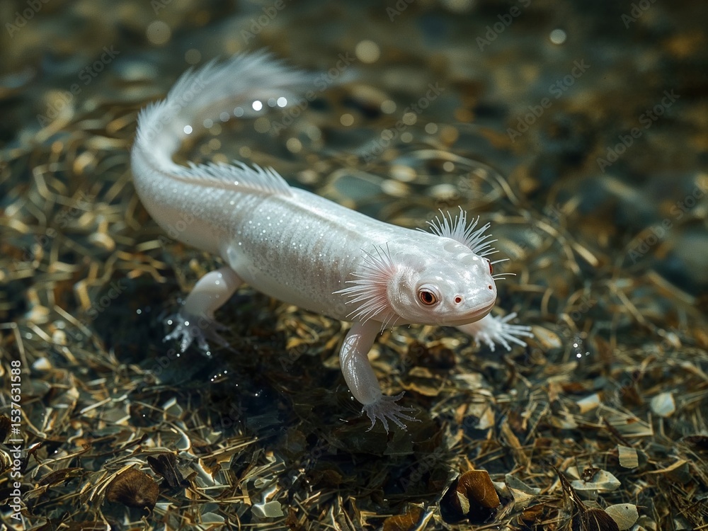 Obraz premium Unique White Axolotl: Endangered Amphibian in Freshwater Ecosystem with Regeneration Abilities