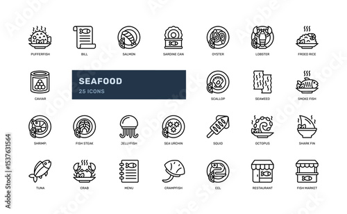 Seafood Icon Set with Outline Style for Culinary and Menu Use