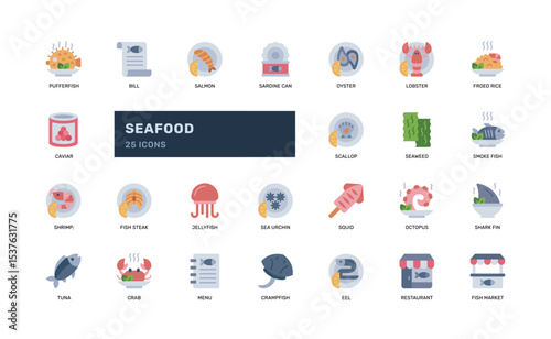 Seafood Icon Set with Flat Style Food and Ocean Items