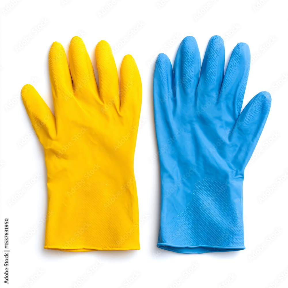 Obraz premium rubber cleaning gloves, yellow and blue pair, flat lay, isolated on white background
