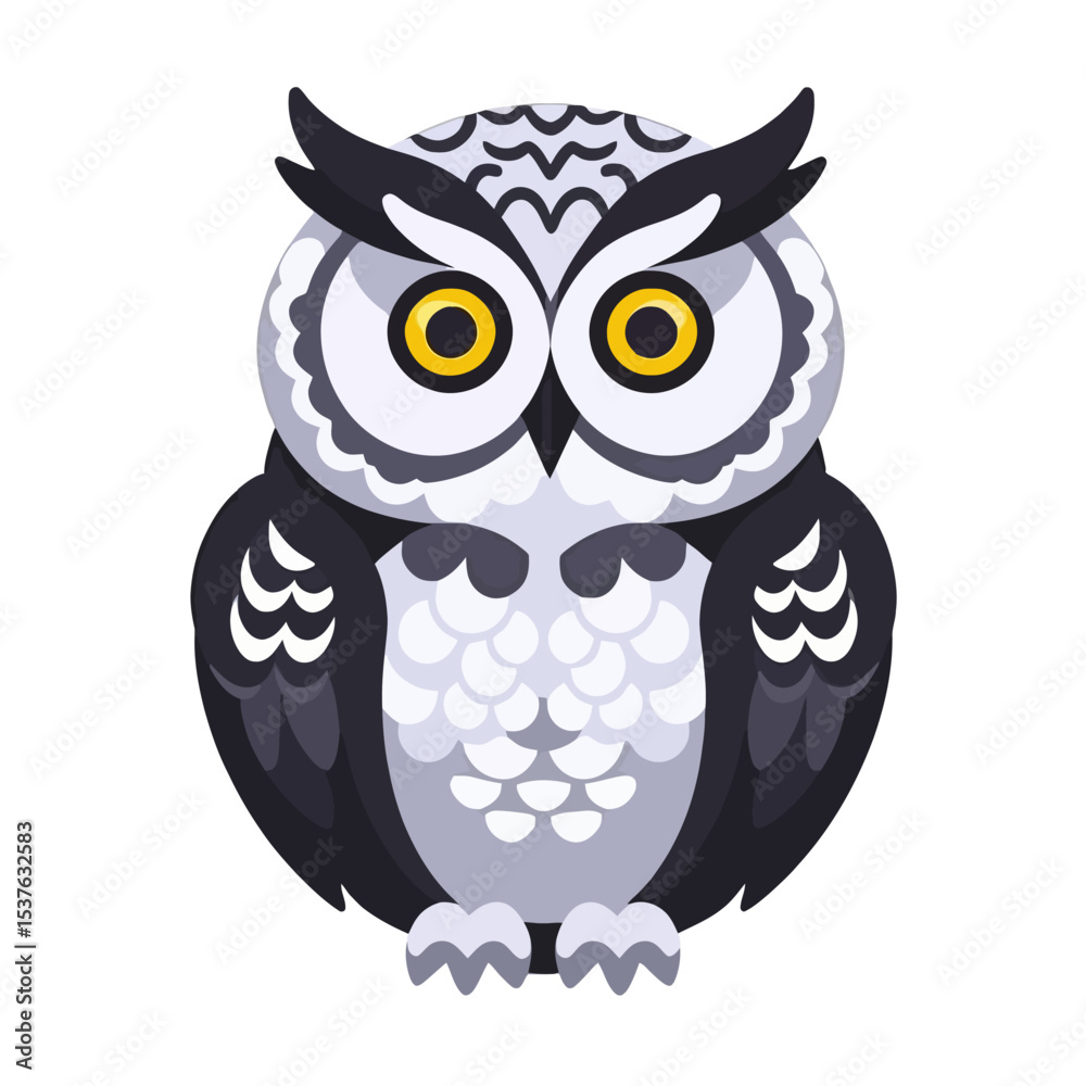 Naklejka premium Cartoon Owl Illustration-Cute Bird with Big Yellow Eyes-Adorable Wildlife Art for Kids-Owl Clipart-Educational Animal Graphic Design-Fantasy Owl Image