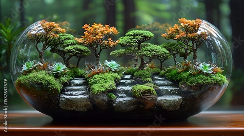 Miniature zen garden in glass terrarium with succulents, moss, and small trees.