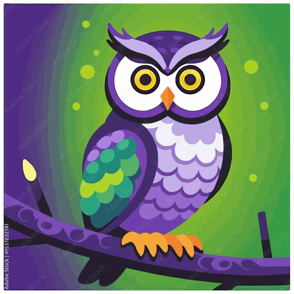 Fototapeta premium Colorful Cartoon Owl Perched on Branch-Whimsical Owl Illustration with Bright Eyes-Cute Purple and Green Owl Design for Kids and Art Lovers-Owl Art Print