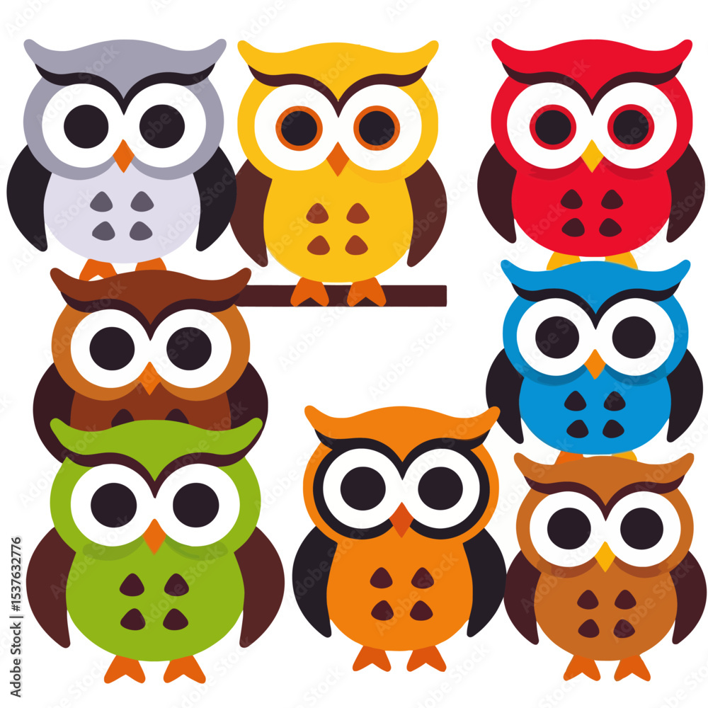 Fototapeta premium Colorful Cartoon Owls Illustration-Cute Owls in Different Colors-Whimsical Owl Graphic for Kids-Fun and Playful Owl Design-Owl Art for Crafts and Education