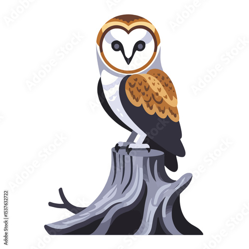 Barn Owl Vector Art-Cute Owl Perched on Stump-Whimsical Bird Illustration-Detailed Barn Owl Drawing-Nature Inspired Artwork-Owl Lover Gift Idea