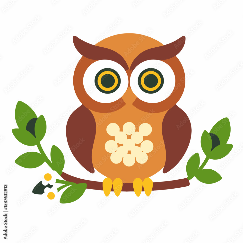 Fototapeta premium Cute Cartoon Owl Clipart-Sitting on Branch with Flowers-Vector Illustration for Kids Crafts-Adorable Owl Graphic for Nursery Decor-Educational Wildlife Art Project