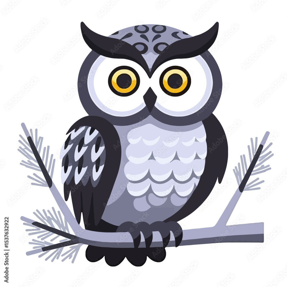 Fototapeta premium Cute Cartoon Owl Illustration - Whimsical Owl on Branch - Owl with Big Eyes - Nature Inspired Art- Charming Bird Graphic-Ideal for Children's Designs
