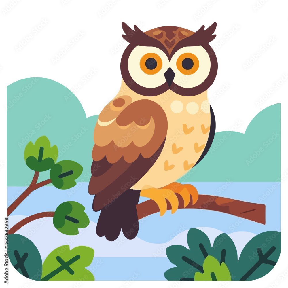 Obraz premium Cute Cartoon Owl Illustration- Whimsical Bird Art for Kids- Owl Perched on Branch- Nature Inspired Vector Graphic- Educational Owl Image for Learning