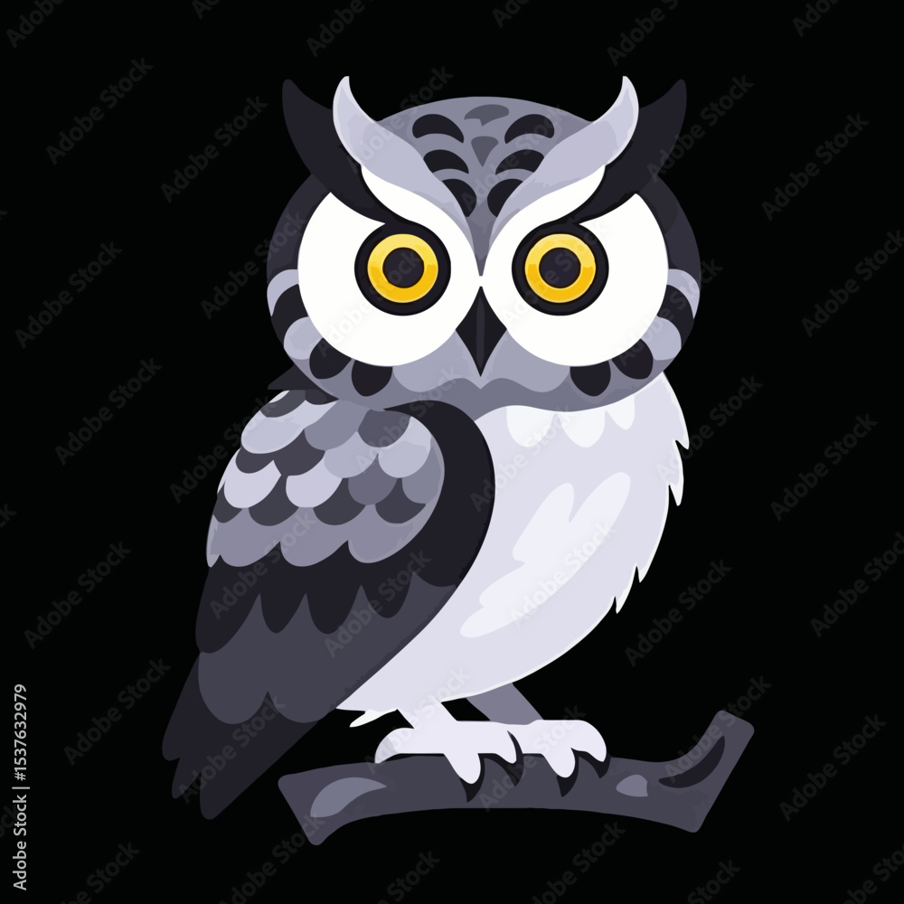 Fototapeta premium Cute Cartoon Owl Illustration-Adorable Bird with Big Eyes-Educational Resources for Kids-Wildlife Art-Nighttime Creature Depiction-Owl on Branch Design