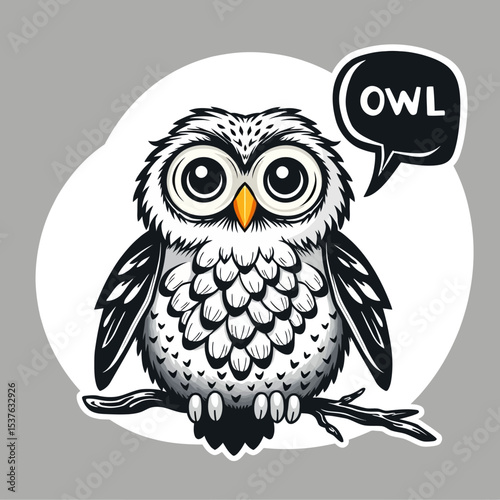 Cute Cartoon Owl Illustration - Whimsical Bird on Branch Artwork - Adorable Owl Character Design - Owl Graphic for Kids-Black and white owl picture