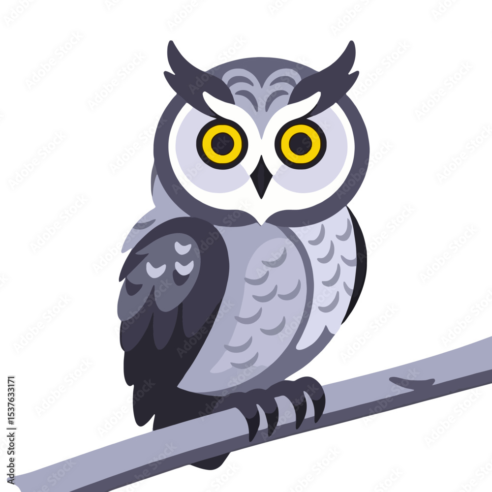 Fototapeta premium Cute Gray Owl Illustration-Vector Image of a Perched Owl-Adorable Cartoon Owl with Yellow Eyes-Wildlife Bird Drawing-Owl Clipart for Educational Purposes