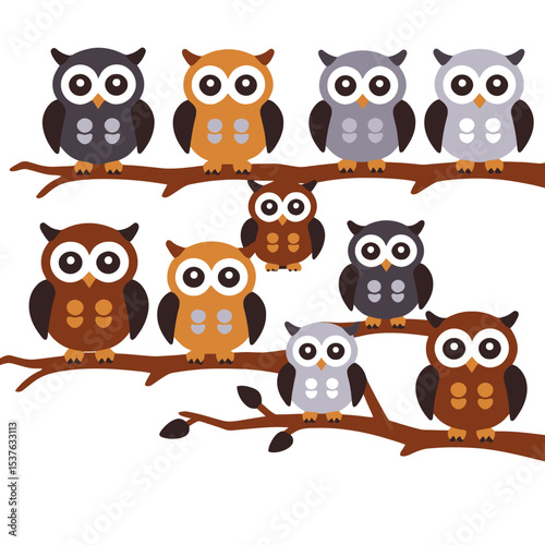 Wallpaper Mural Cute Cartoon Owls on a Branch - Colorful Owl Illustration - Whimsical Owl Design for Kids - Owl Themed Art Print - Owl Decor for Nursery Torontodigital.ca