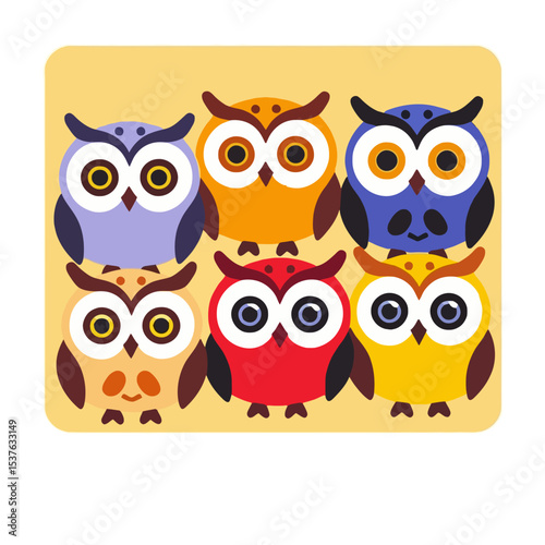 Cute Colorful Owls Illustration- Cartoon Owl Characters in Various Colors- Playful Owl Design for Kids- Animated Owls Graphic for Children- Fun Owl Art Print