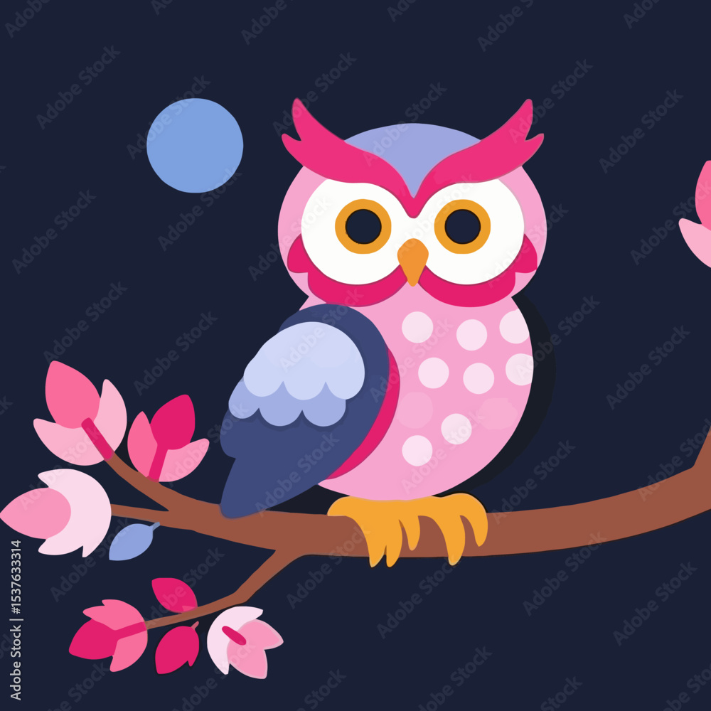 Fototapeta premium Cute Pink Owl Illustration-Vector Owl on a Branch with Flowers-Night Owl Art-Whimsical Owl Design-Owl and Moon Image-Owl Decor for Kids-Art for owl lovers