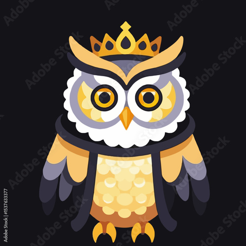 Cute Owl with Golden Crown-Cartoon Illustration of a Wise Owl-Digital Art of Royal Bird-Colorful Flat Vector Design-Owl King with a Regal Appearance