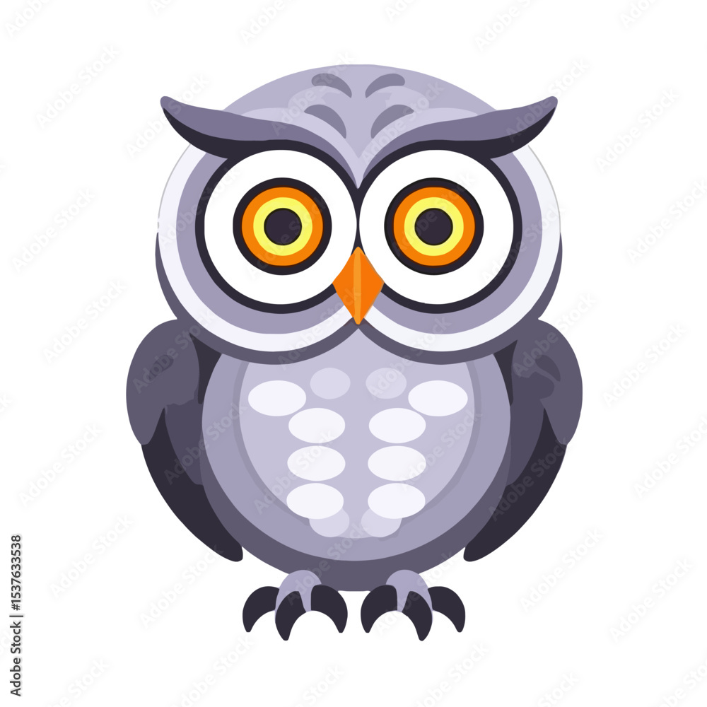 Obraz premium Cute Owl Cartoon Illustration- Grey Owl with Big Eyes and Orange Beak- Vector Graphic of Cartoon Owl on White Background- Ideal for Design Projects