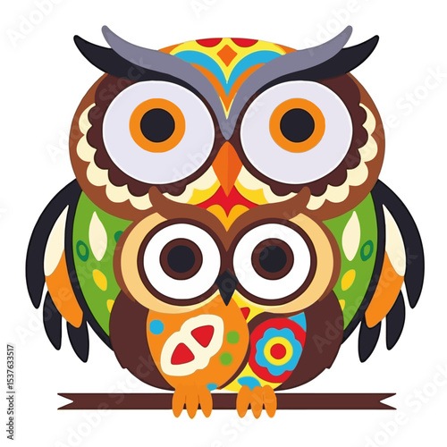 Colorful Owl Illustration with Baby Owl- Whimsical Owl Art for Nursery Decor- Cute Cartoon Owl Design for Children's Projects- Unique Owl Graphic photo