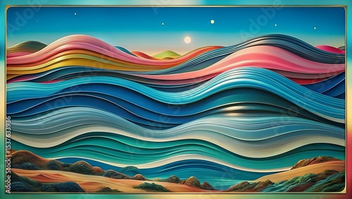 Colorful abstract landscape illustration featuring layered waves in vibrant hues, creating a serene atmosphere with rolling hills and a tranquil sky, evoking a sense of calm and creativity