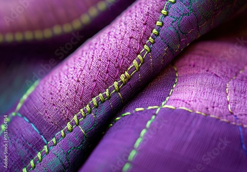 A close-up of the purple fabric with green stitching, showcasing its texture and details