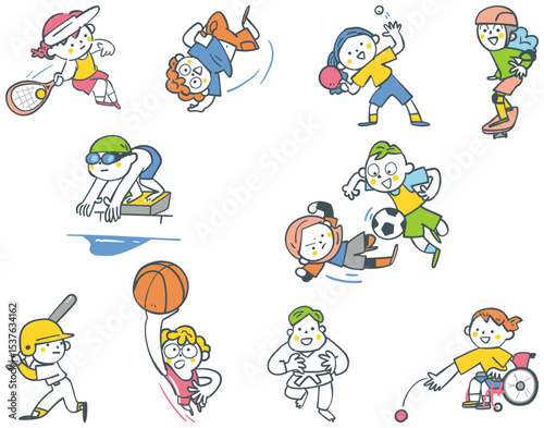 様々なスポーツに励む小学生たち　セットのストックイラスト素材
