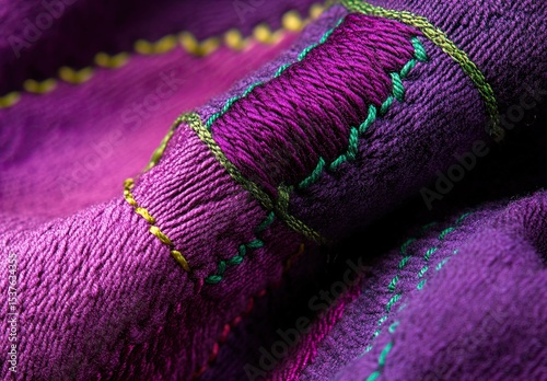 A close-up of the purple fabric with green stitching, showcasing its texture and details