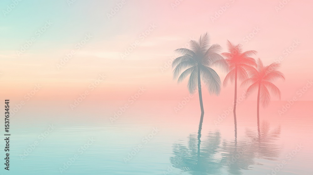 Obraz premium Serene Sunset Pastel Palm Trees Reflecting in Calm Ocean Waters