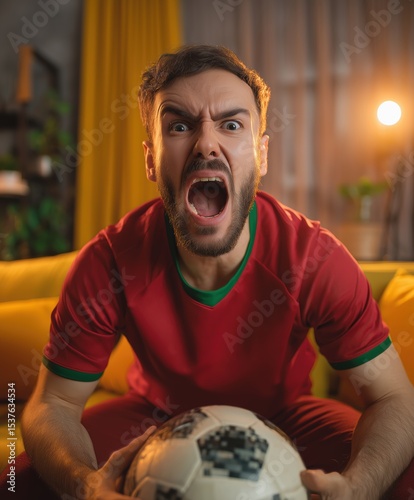 Passionate Portuguese football supporter watching the game 