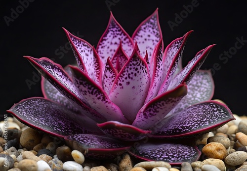 A close-up of the purple-pink flower on top, surrounded by pebbles and stones