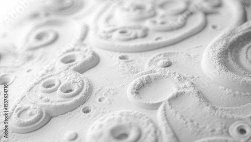 A close-up of the snow-covered ground, with intricate patterns formed by footprints and swirls in various shades of white