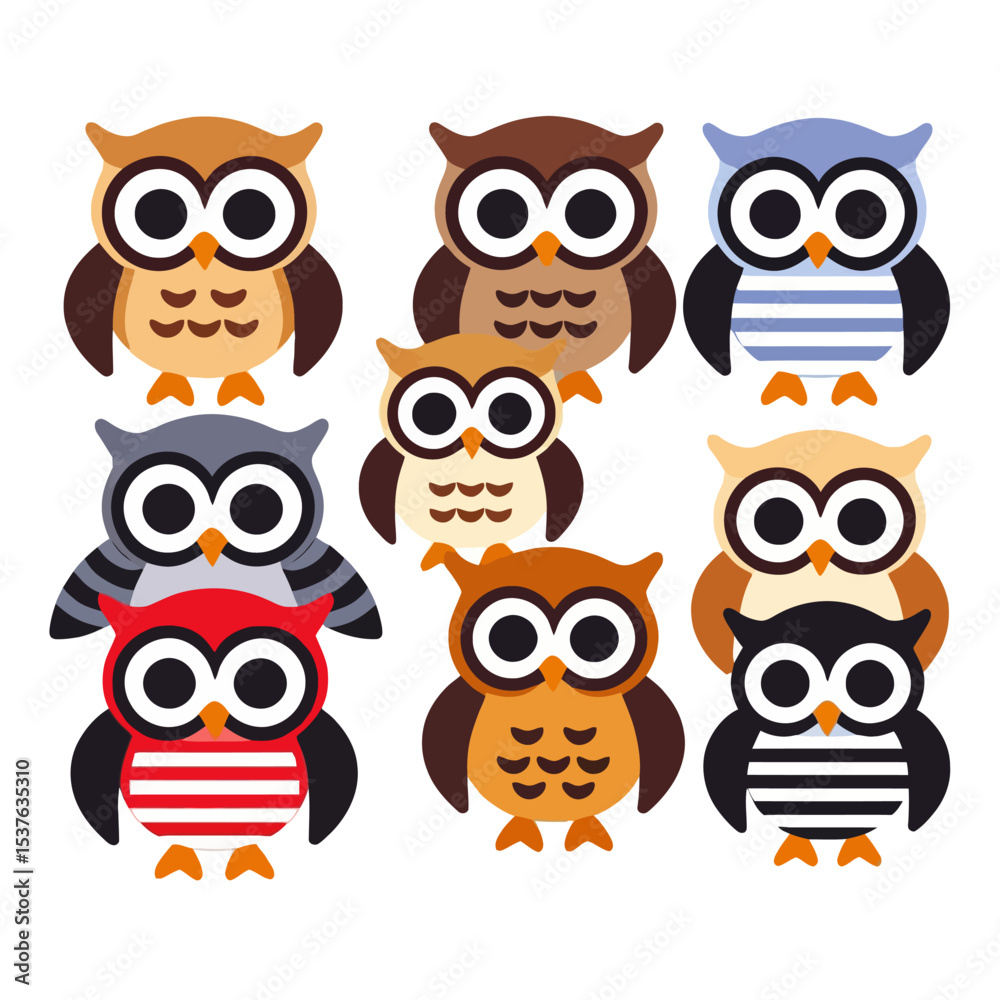 Naklejka premium Colorful Cartoon Owls Illustration-Cute Owl Clipart Set-Kids Room Decor-Nursery Wall Art-Owl Lover Gift-Digital Download-Seven Unique Owls Image