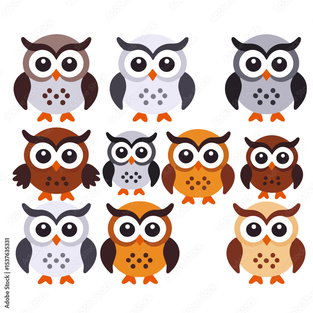 Fototapeta premium Colorful Cartoon Owls Vector Art - Cute Owl Illustrations for Kids - Playful Owl Designs for Crafts and Scrapbooking - Owl Clipart Collection