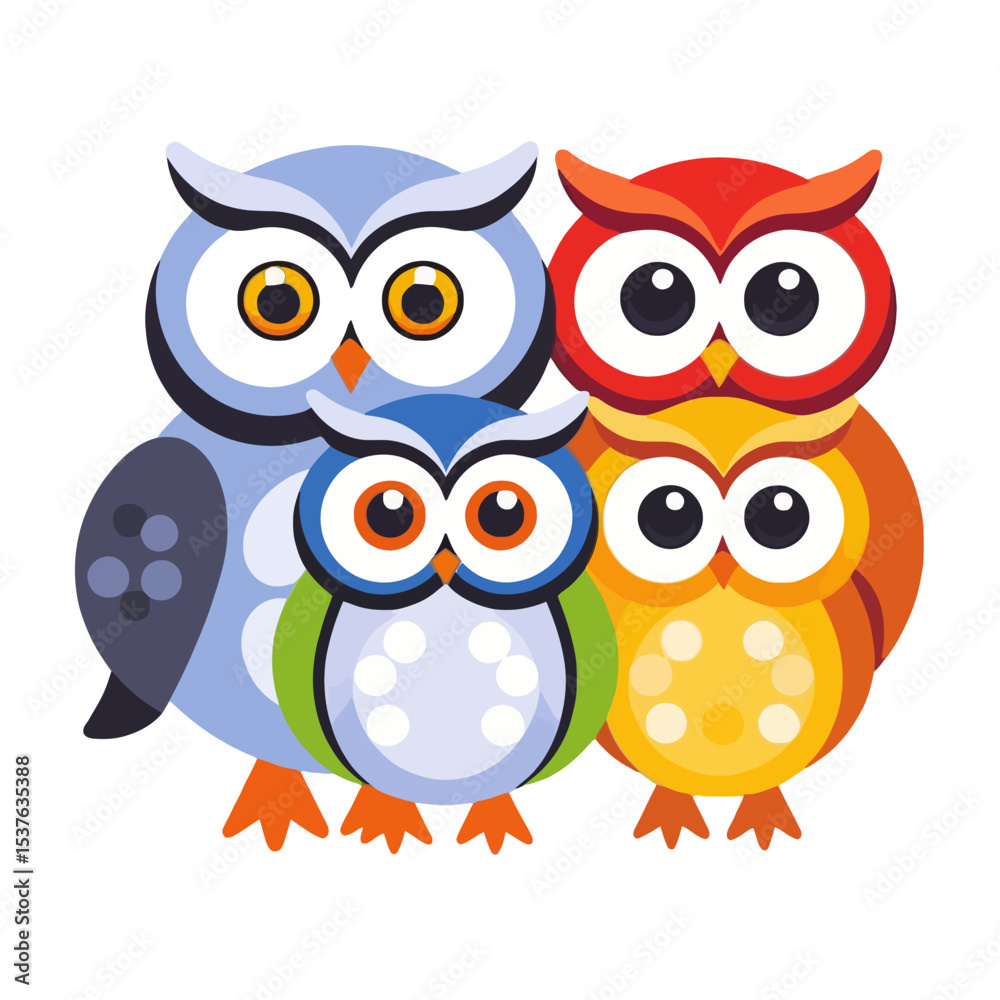 Fototapeta premium Colorful Owl Family Illustration-Cute Cartoon Owls-Whimsical Bird Art-Owl Clipart for Kids-Educational Resources-Animal Illustrations-Fun Owl Graphics-Creative Design