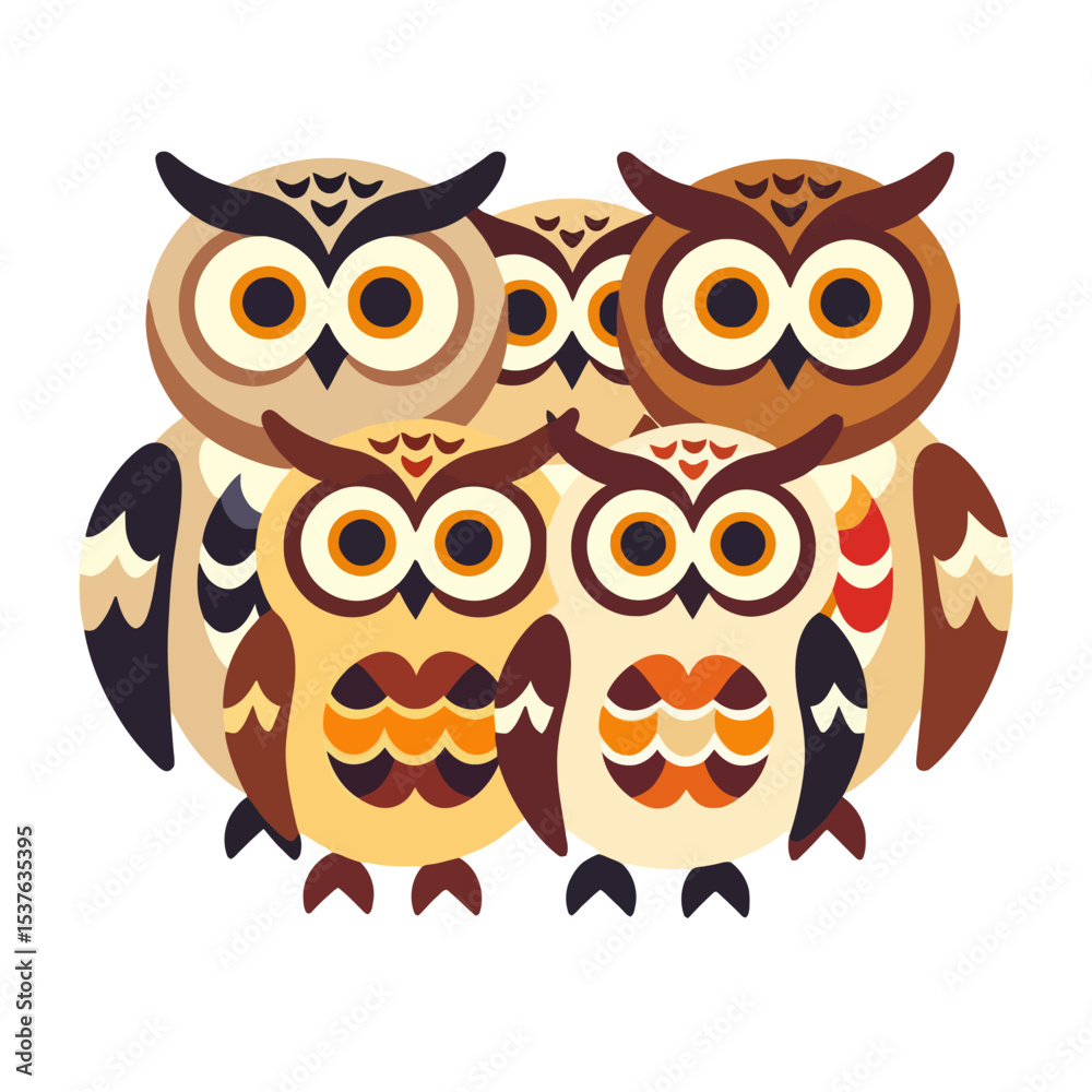 Fototapeta premium Colorful Owl Family Illustration-Cute Owls with Big Eyes-Owl Vector Art for Kids-Whimsical Owl Design-Perfect for Childrens Decor and Educational Material