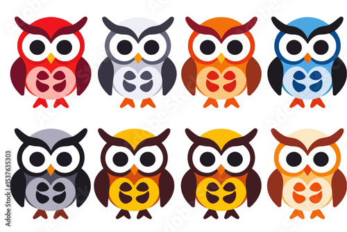 Wallpaper Mural Colorful Cartoon Owls Illustration-Cute Owl Characters in a Row-Animated Owls in Red-Gray-Orange-Blue-Yellow Tones-Perfect for Kids' Designs Torontodigital.ca