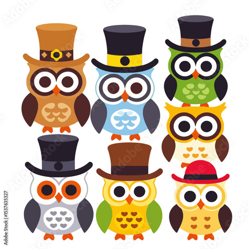 Colorful Cartoon Owls Wearing Hats Illustration- Cute Owl Characters Graphic Design- Whimsical Bird Art for Kids and Decoration