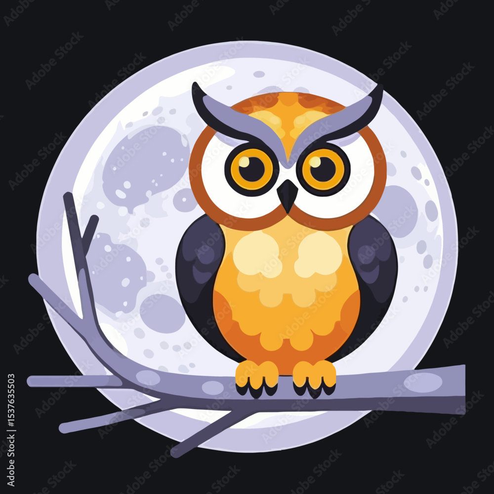 Fototapeta premium Cute Cartoon Owl Illustration - Owl Perched on Branch with Full Moon Background - Nighttime Wildlife Art for Kids and Adults alike